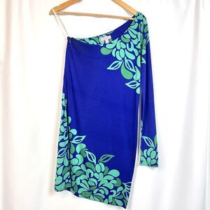 Lilly Pulitzer One Shoulder Dress Small Blue Green Floral Long Sleeve Sheath S